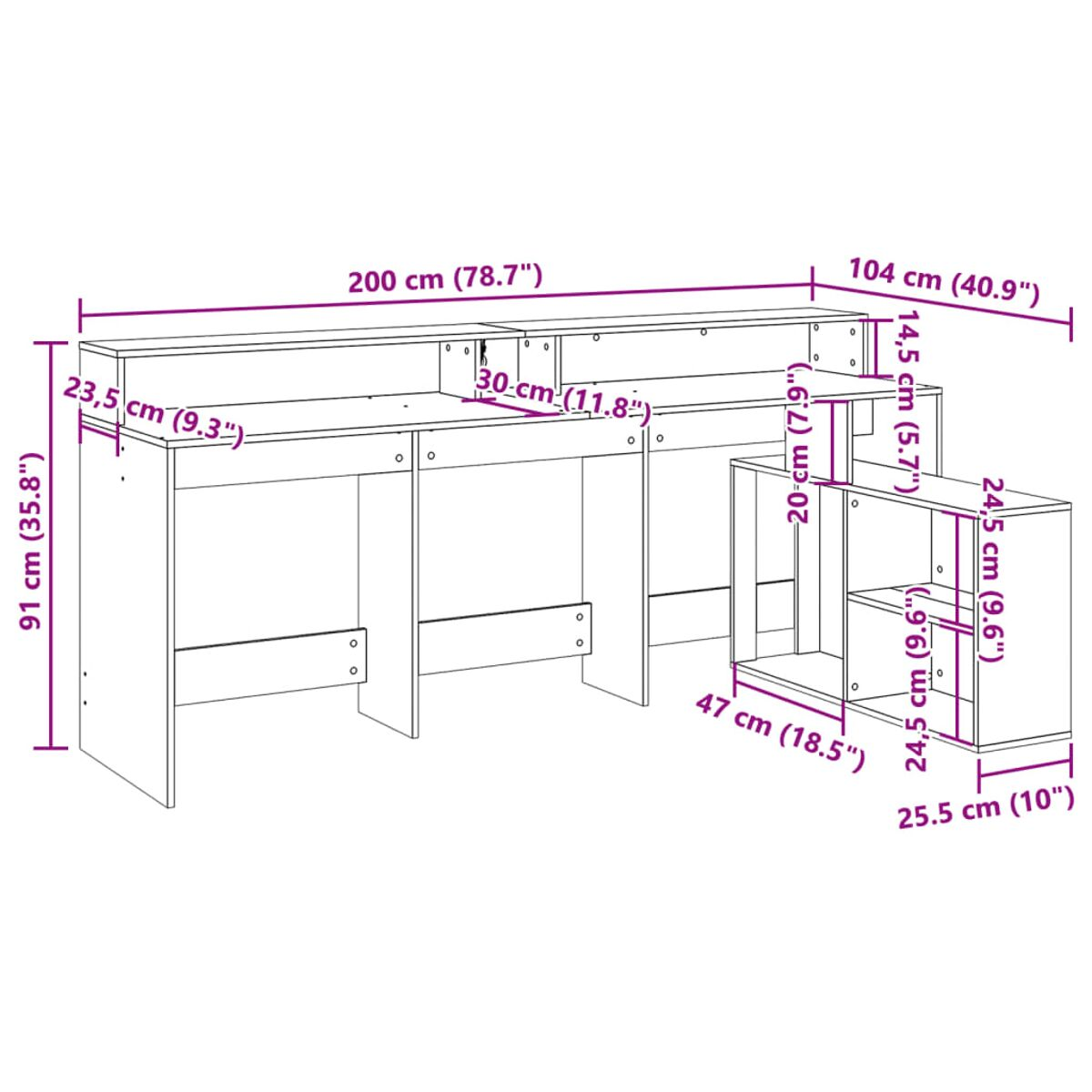 Ein weißer Schreibtisch mit Holzplatte und seitlichem Stauraum. Die Maße sind angegeben.