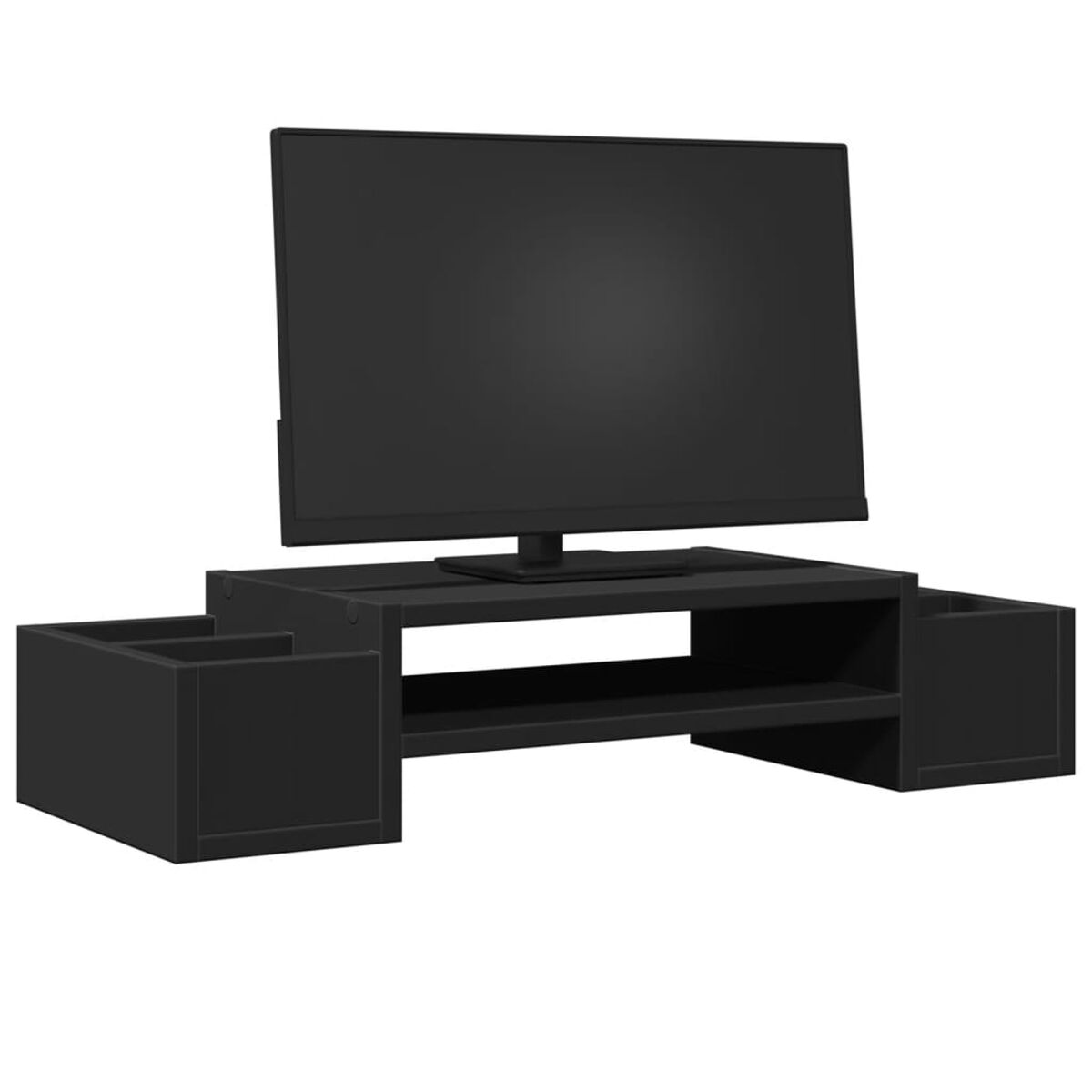 Schwarzer TV-Ständer mit TV oben und seitlichem Stauraum. Schwarze Farbe.