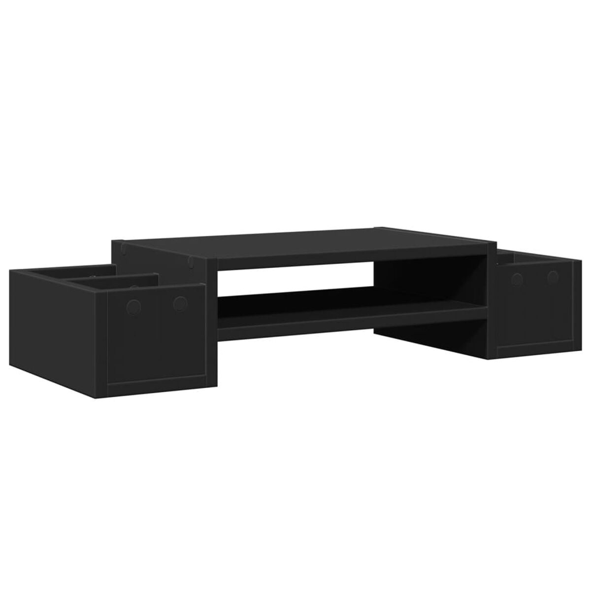 Schwarzer niedriger Couchtisch mit zwei seitlichen Staufächern und einem unteren Regal. Schwarze Farbe.