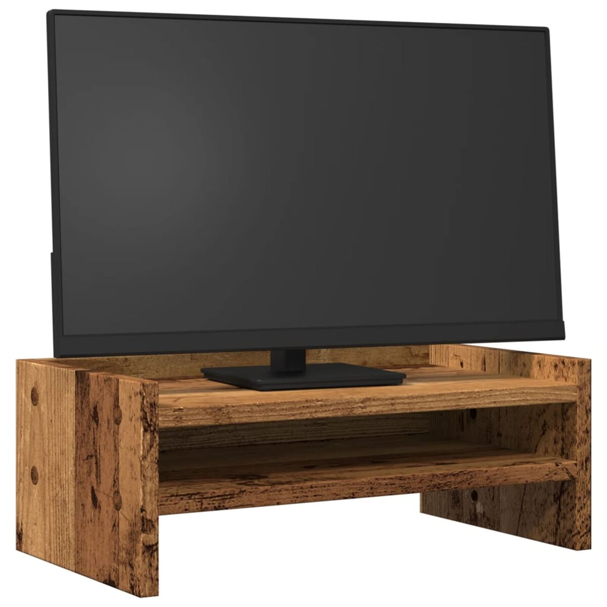 Monitorständer mit zwei Ablagen, aus Holz.