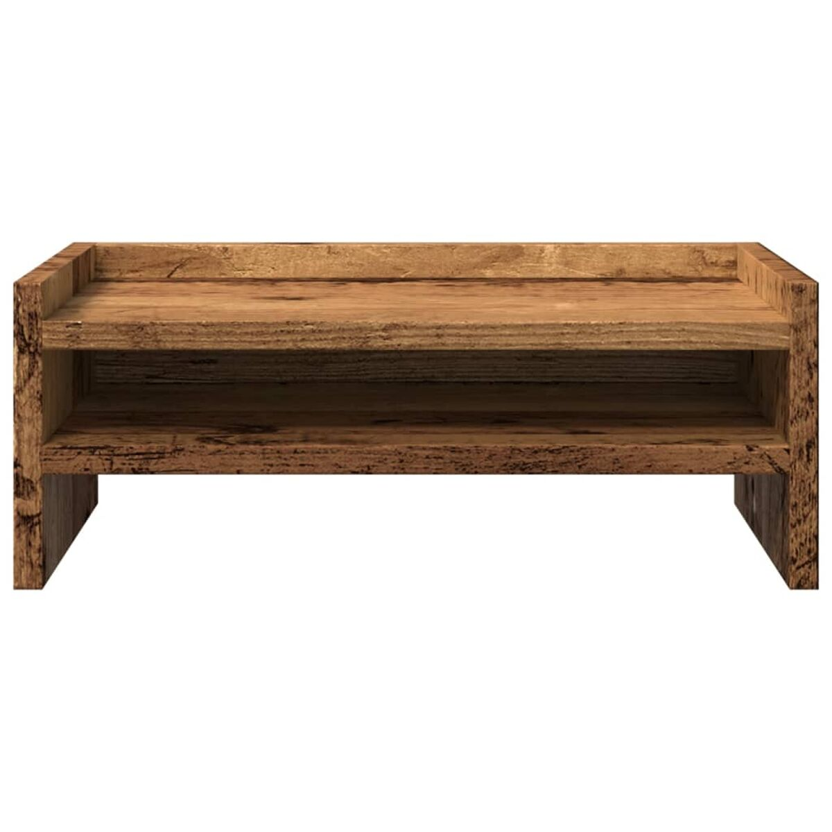 Zweistöckiger Couchtisch aus Holz mit rustikalem Aussehen, darunter ein Regal.