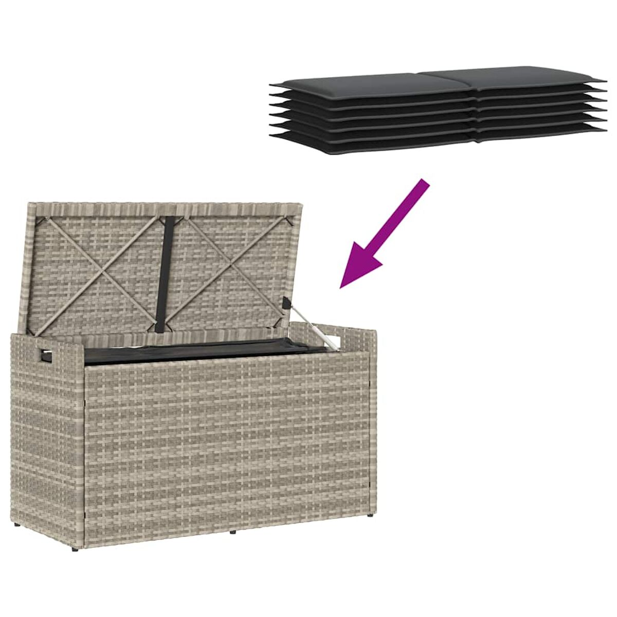 Contenitore in vimini con coperchio aperto. Pila di cuscini. Sfondo bianco.