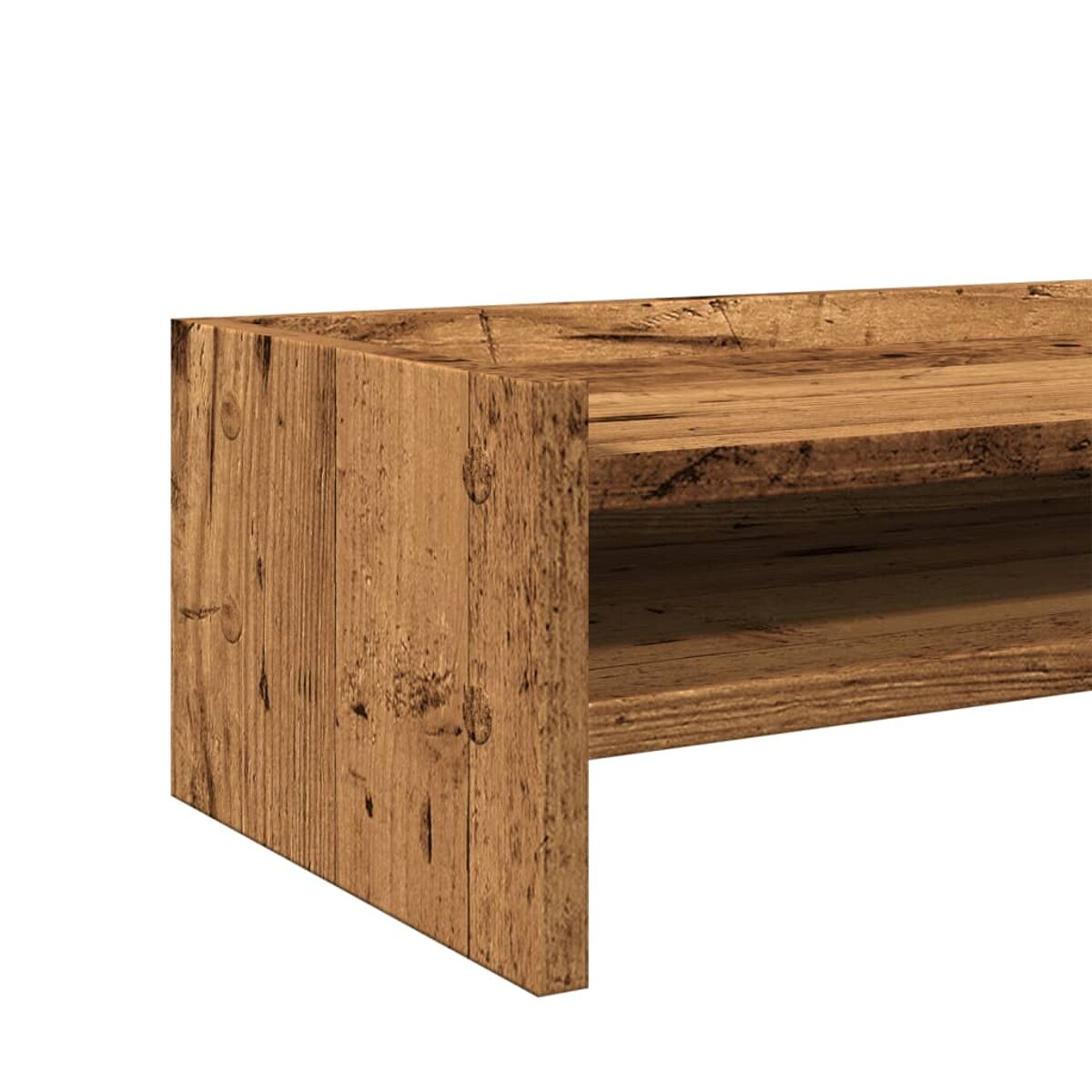 Eine Holzecke eines Regals. Das Holz hat eine natürliche Maserung und befindet sich auf weißem Hintergrund.