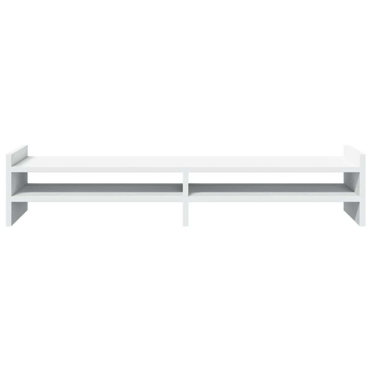 Ein weißes Regal mit zwei Ebenen. Es ist schlicht und modern, mit einem sauberen Design.