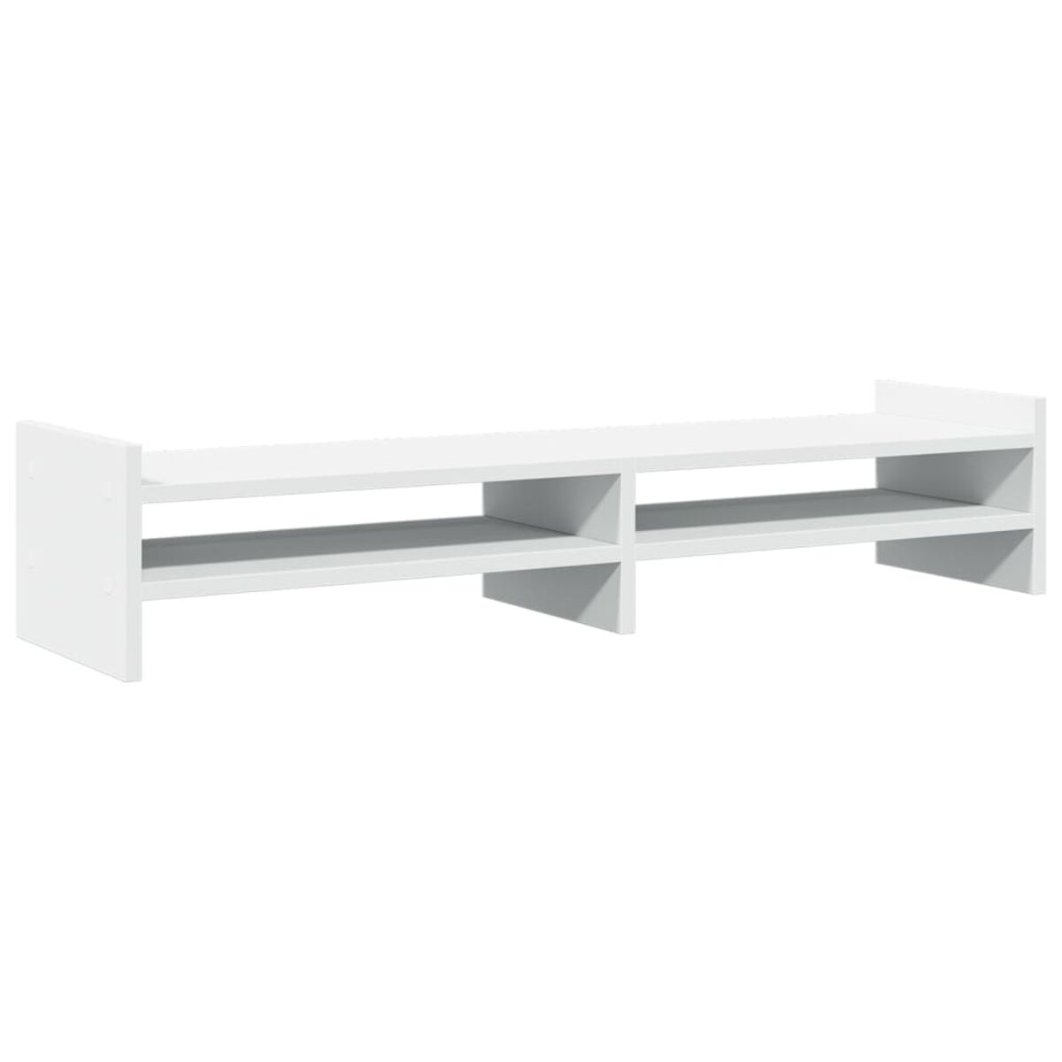 Weiße Medienkonsole mit zwei Regalen und einem Mittelteil. Klares, modernes Design.