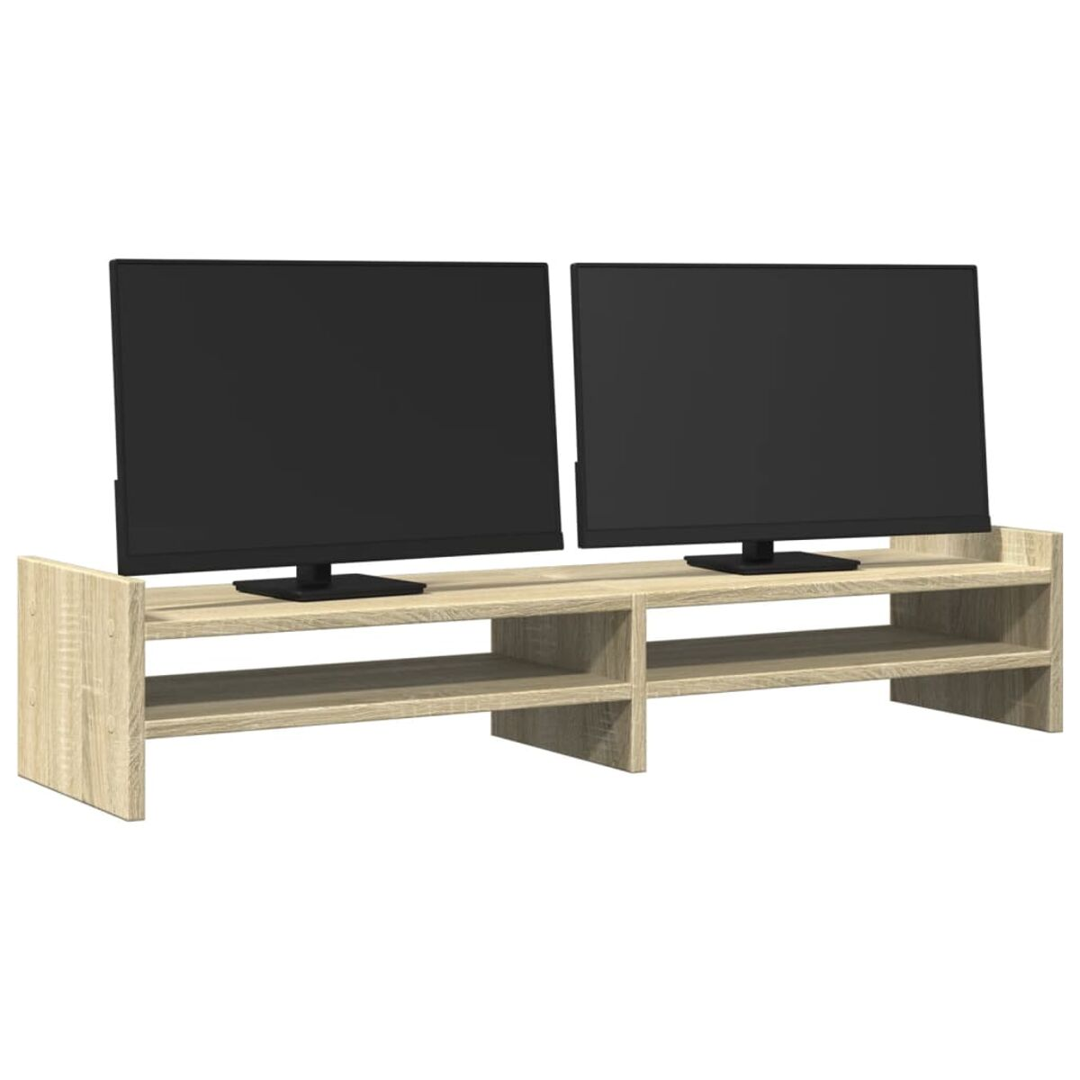 Holzschreibtisch mit zwei Monitoren. Der Schreibtisch hat Regale darunter.