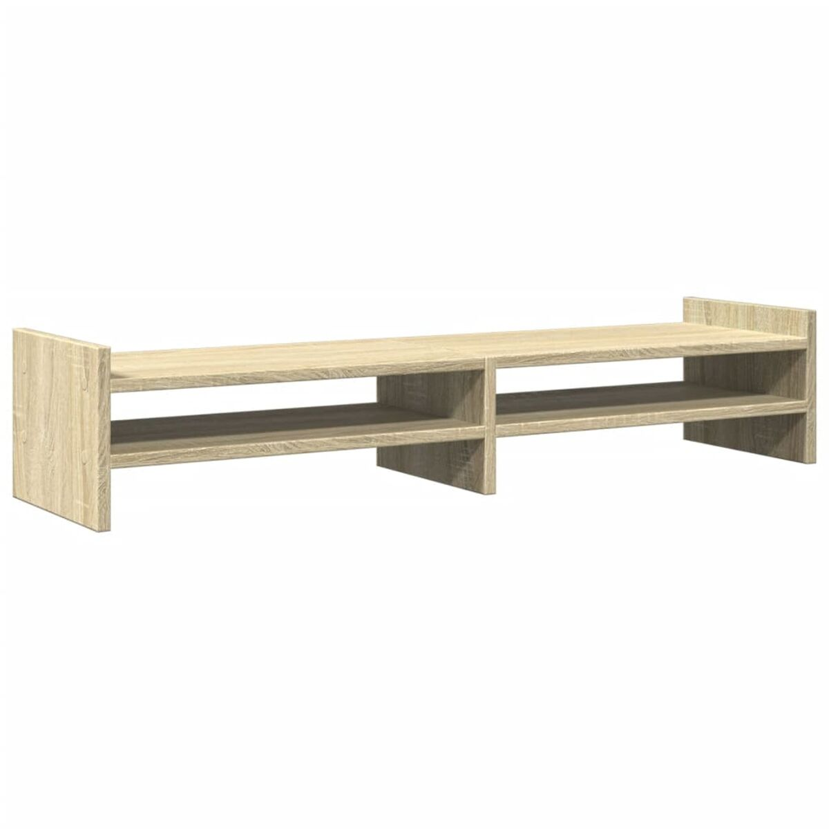 TV-Ständer aus hellem Holz mit zwei Regalen. Offenes Design, langes und niedriges Profil.