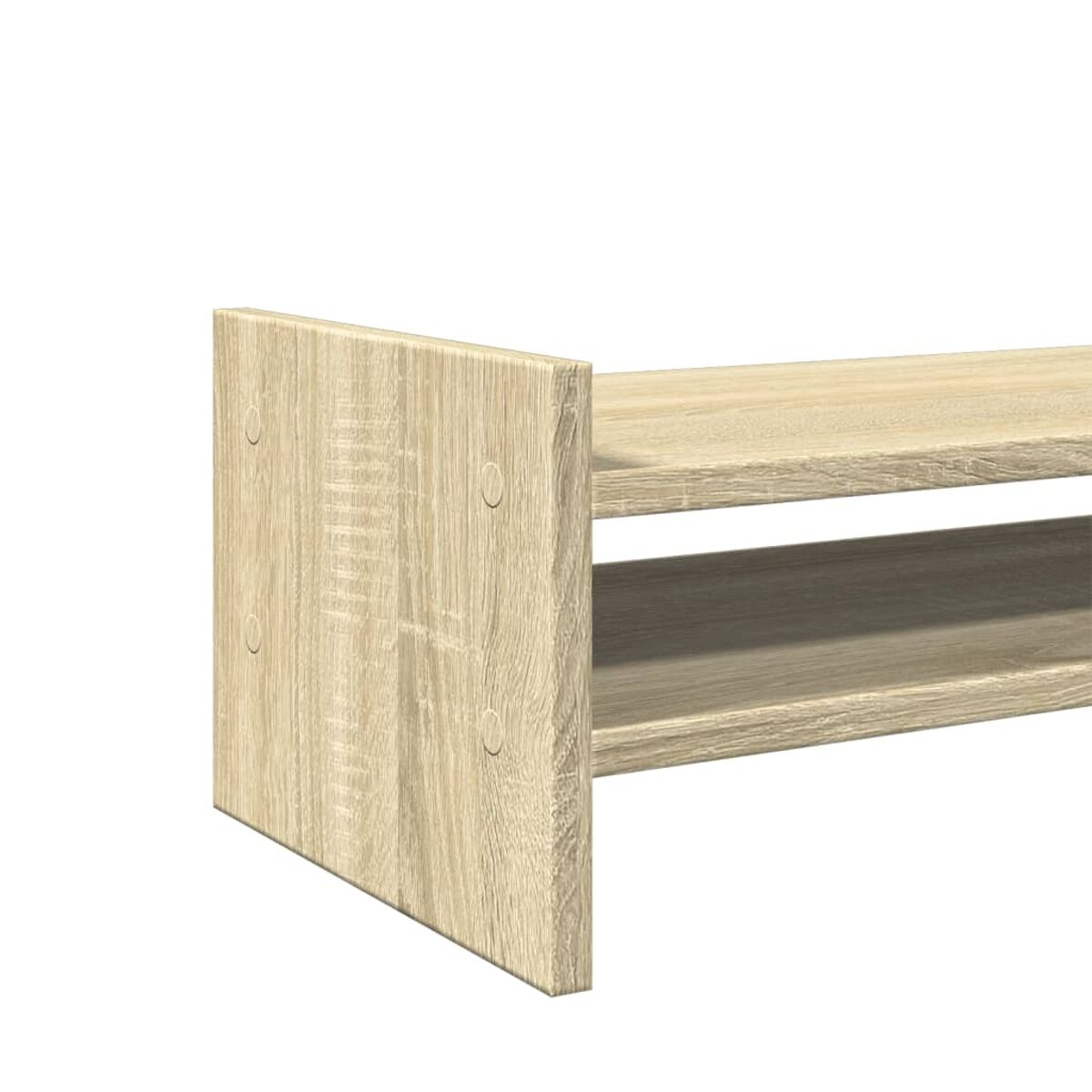 Nahaufnahme eines hellen Holzregals mit zwei Regalen und einer Seitenwand.