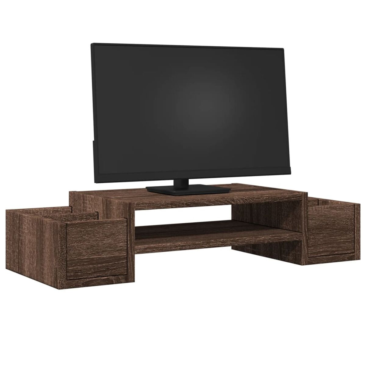 TV-Ständer aus Holz mit einem schwarzen Fernseher oben und zwei Seitenfächern. Dunkelbraune Farbe.