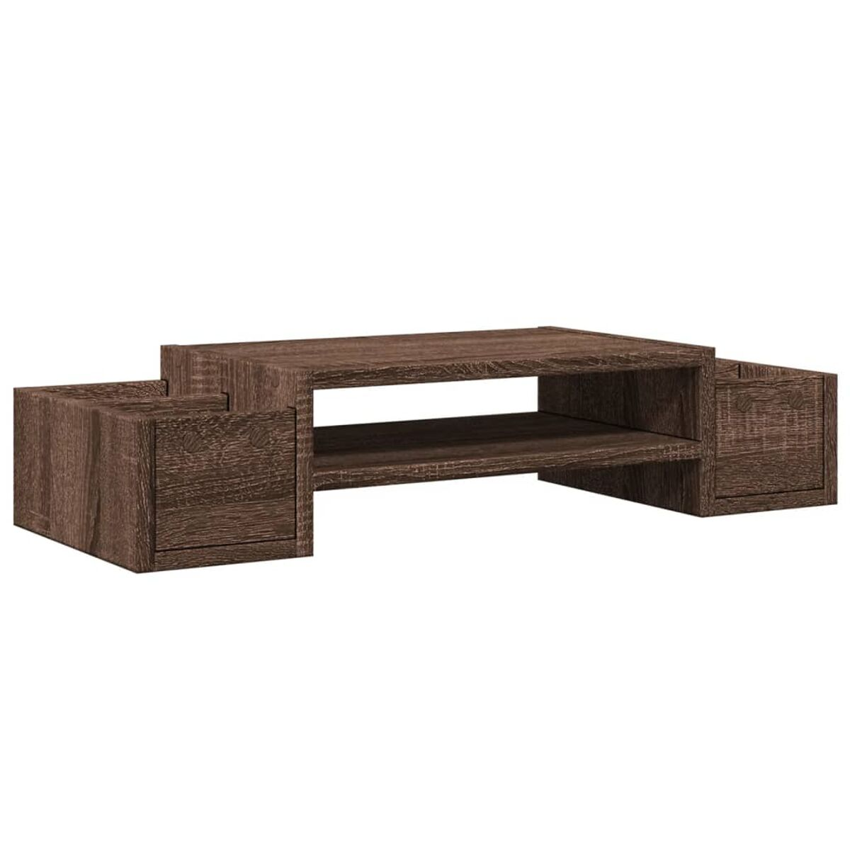 Holz-Couchtisch mit zwei Seitenschränken. Dunkelbraune Farbe. Weißer Hintergrund.