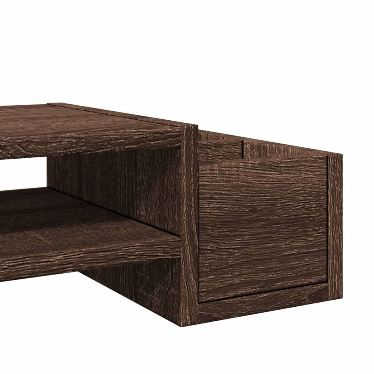 Nahaufnahme eines dunkelbraunen Holzregals. Das Regal scheint Teil eines Schranks zu sein.