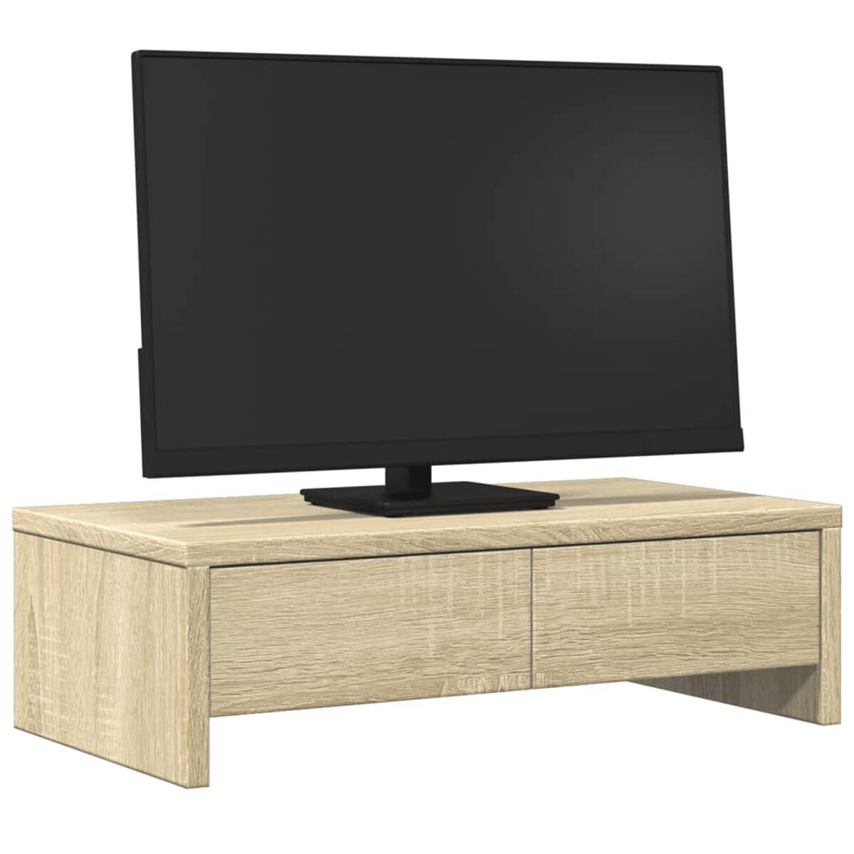 Ein TV-Ständer aus hellem Holz mit zwei Schubladen und einem schwarzen Bildschirm-TV. Der Hintergrund ist weiß.