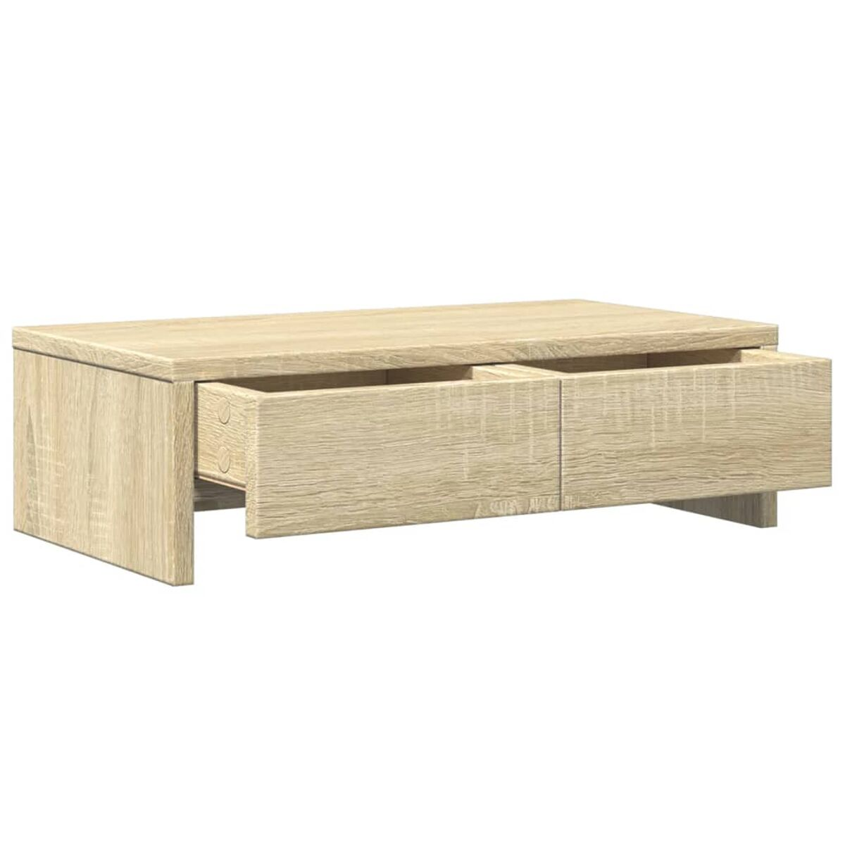 Ein Holztisch mit zwei offenen Schubladen. Er steht vor einem weißen Hintergrund.