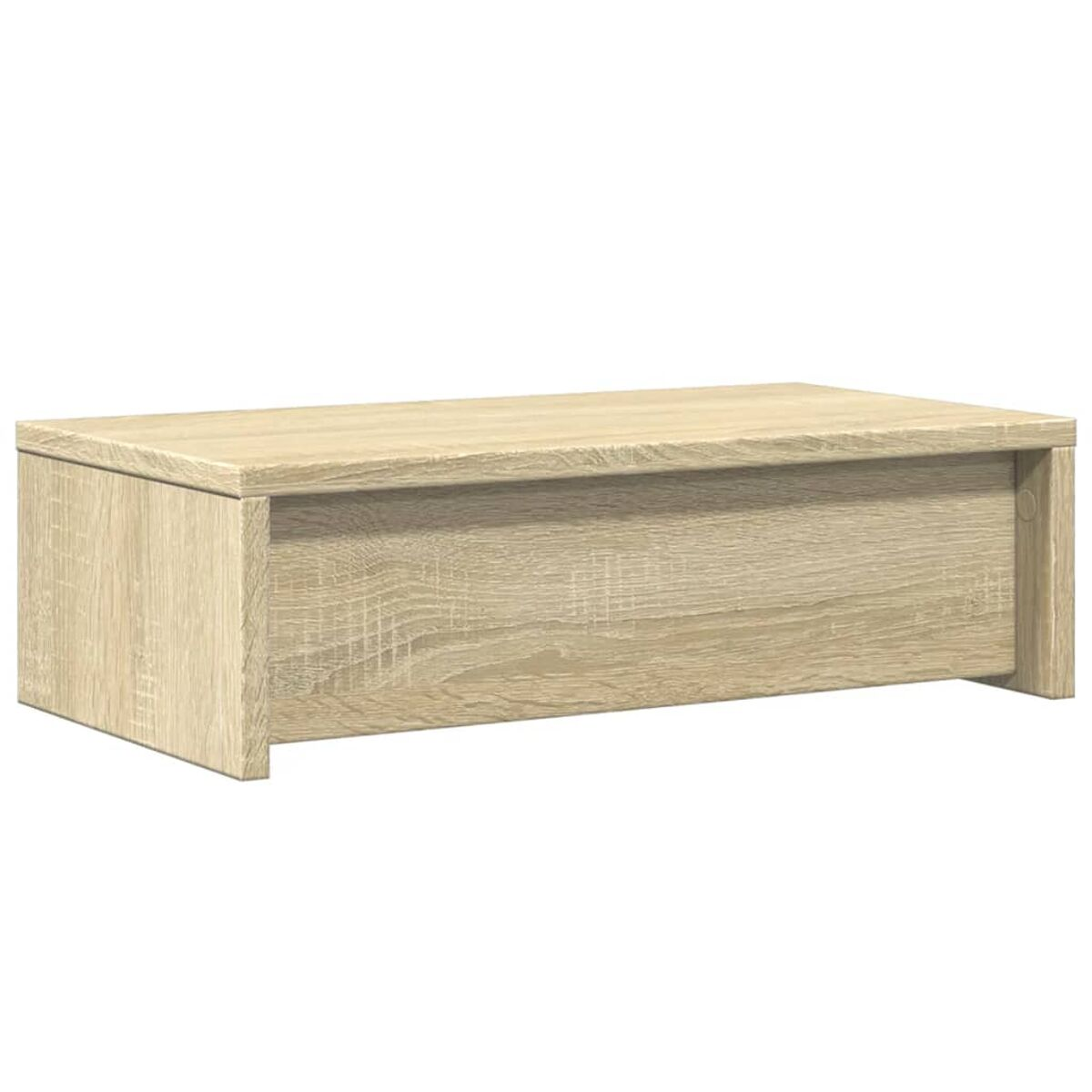 Hellbraune Holzaufbewahrungsbox mit flacher Oberseite und niedrigem Profil. Die Box ist einfach.
