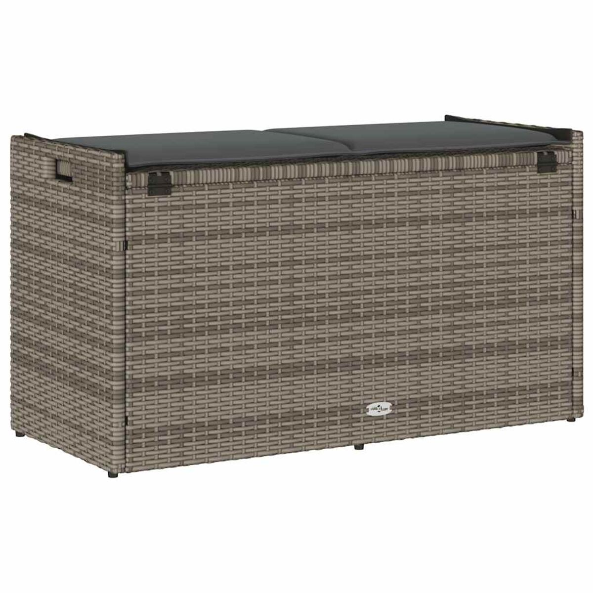 Contenitore in vimini con un cuscino grigio sopra. Texture in vimini marrone.