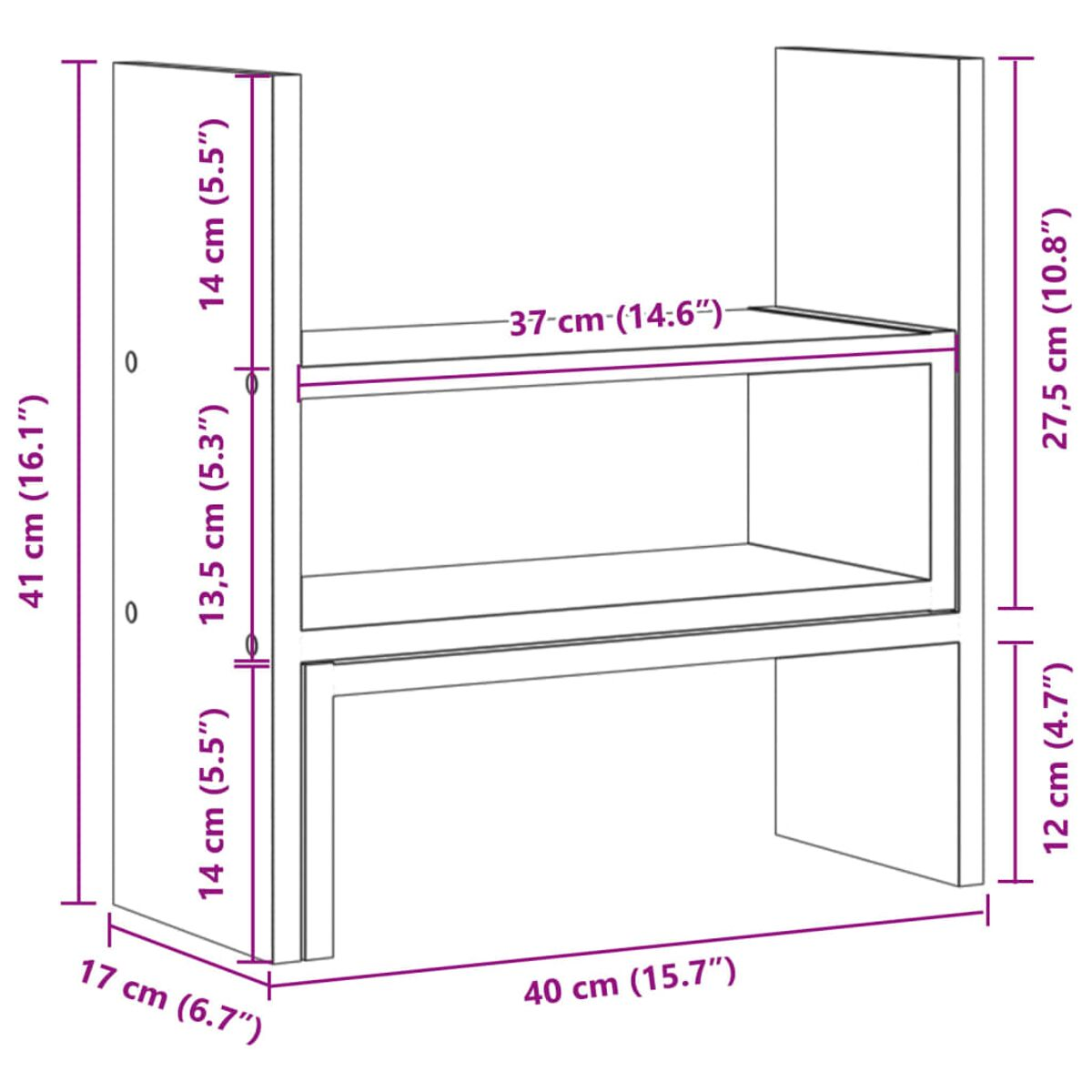 Diagramm eines Wandregals mit Abmessungen. Es hat zwei Regale und zwei Seitenteile.