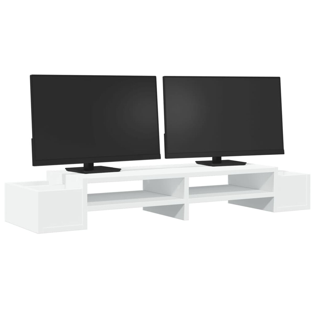 Weißer TV-Ständer mit zwei schwarzen Monitoren und seitlichem Stauraum.