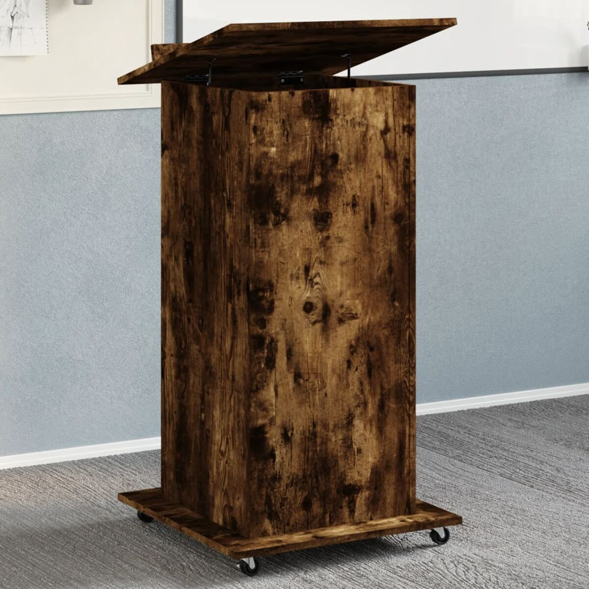 Holzschrank mit aufklappbarer Oberseite. Dunkles Holzfinish. Auf Rollen.