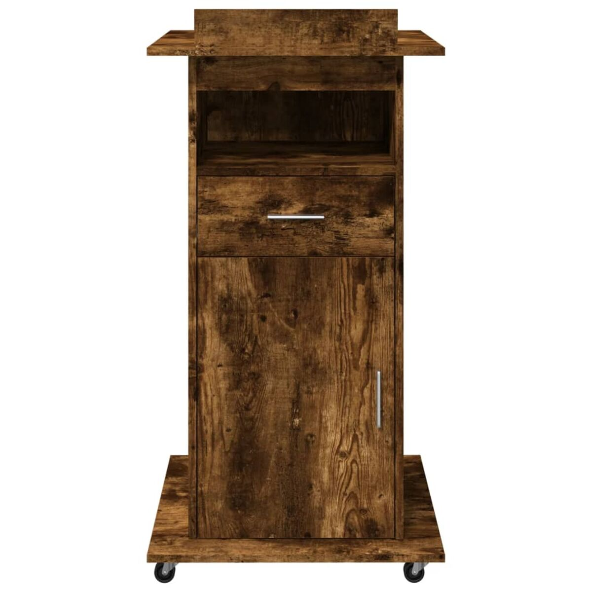 Holzpodest mit Schublade, Schrank und oberem Regal, auf Rädern, isoliert auf weißem Hintergrund.