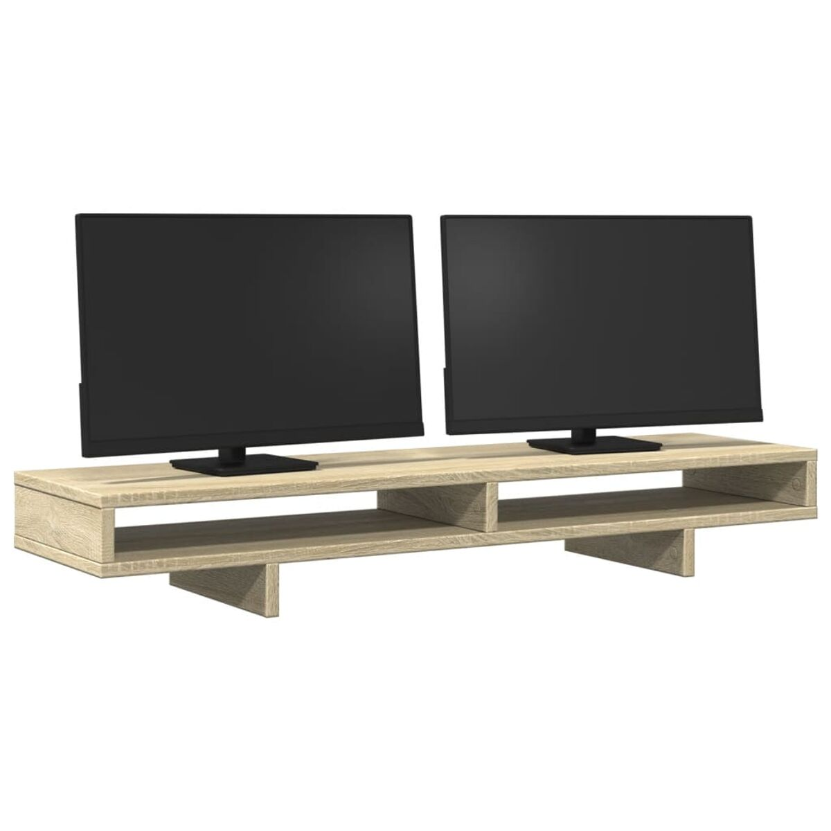 Ein Monitorständer aus hellem Holz, der zwei schwarze Computermonitore hält. Es hat ein schlichtes, modernes Design.