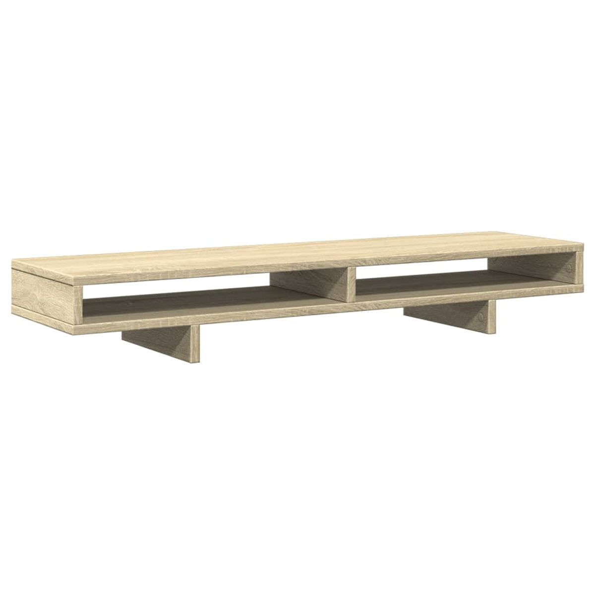 Ein niedriger, rechteckiger TV-Ständer aus Holz mit zwei offenen Regalen, ruhend auf kleinen, abgewinkelten Stützen.