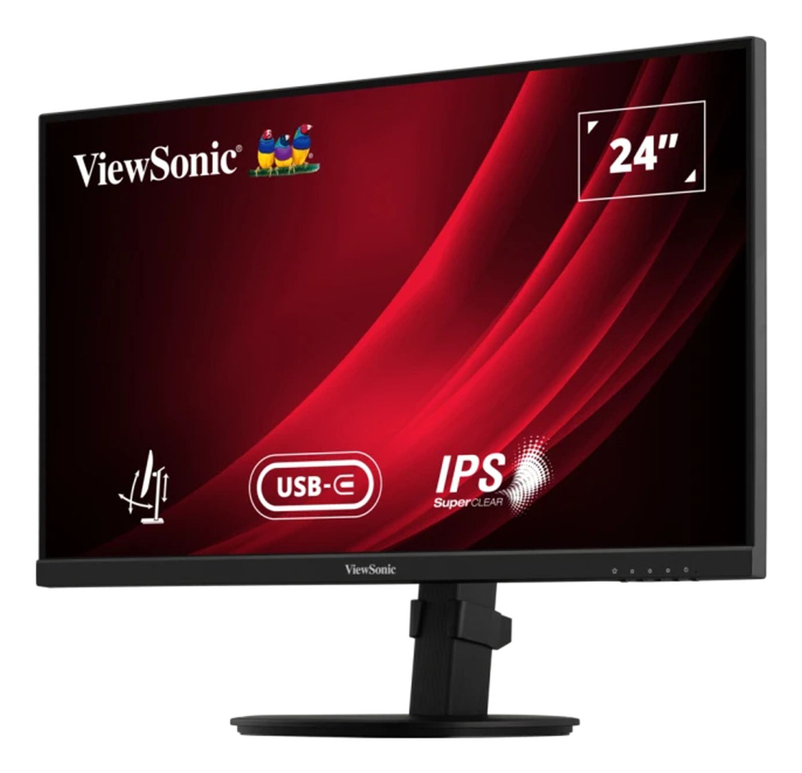 24-calowy monitor ViewSonic z czarną podstawą. Czerwone i czarne tło z logo USB-C i IPS.