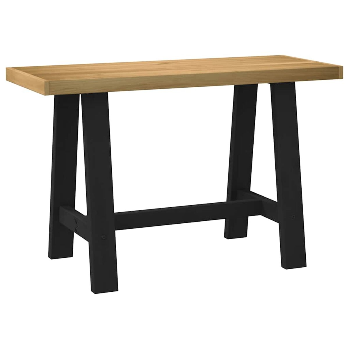 Holztisch mit schwarzen Beinen. Er hat eine rechteckige hellbraune Platte und schwarze Beine, weißer Hintergrund.