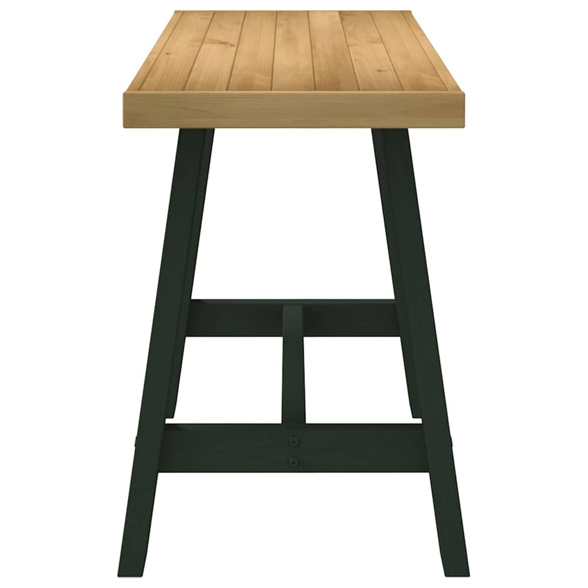 Holztisch mit dunklen Beinen. Die Oberseite ist aus hellem Holz gefertigt.