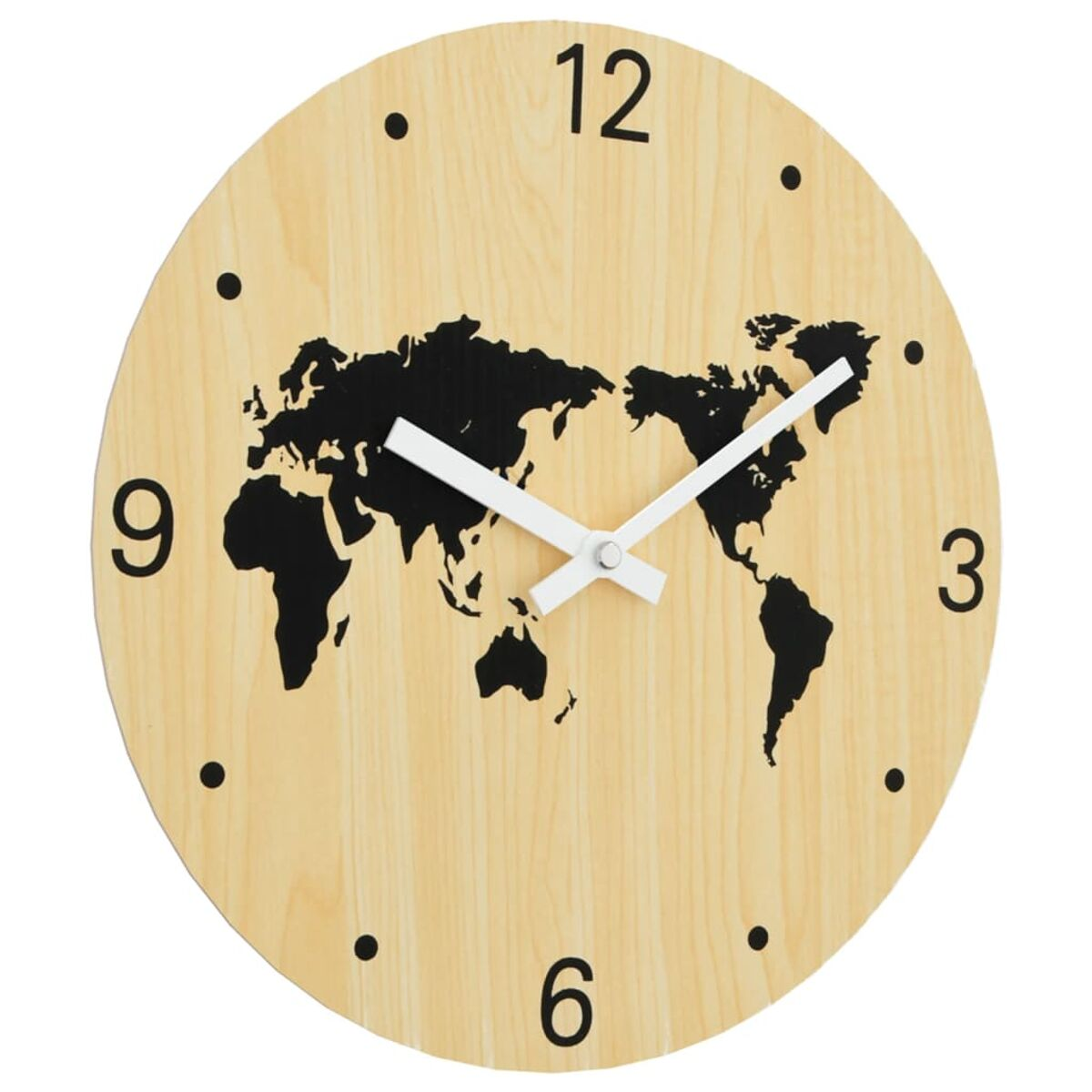 Holzuhr mit Weltkarte. Schwarze Karte, weiße Zeiger, schwarze Zahlen auf hellem Holz.