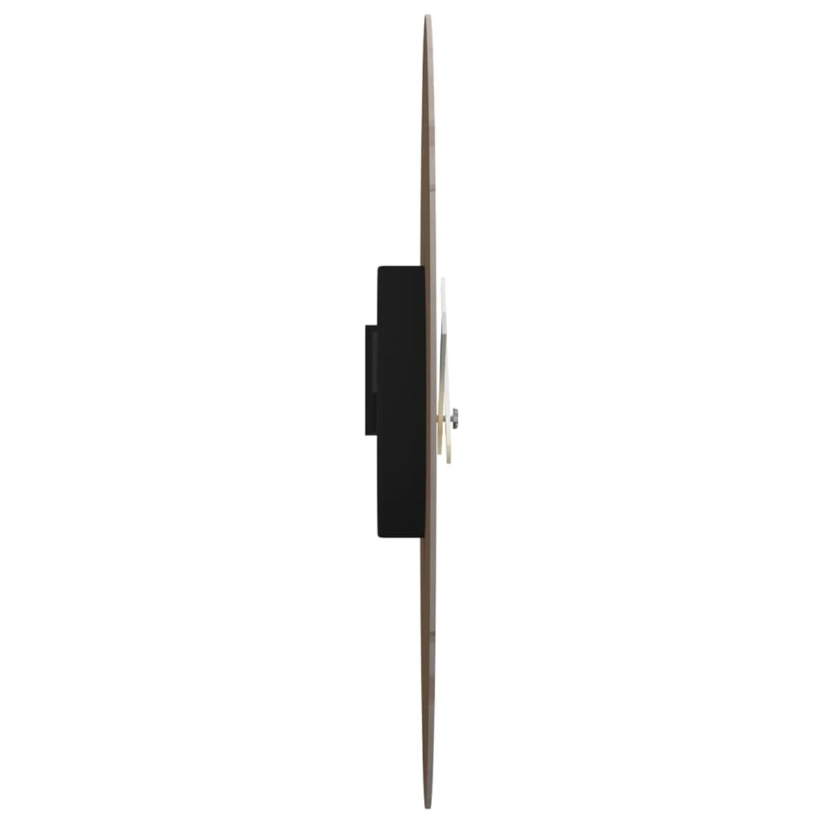 Runde Wanduhr aus Holz mit schwarzem Ziffernblatt und braunem Holzrahmen.