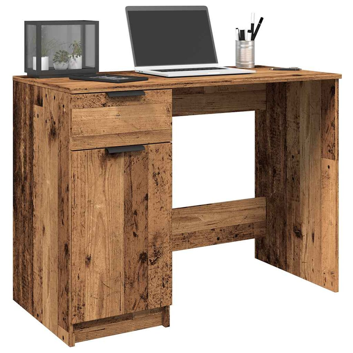 Holzschreibtisch mit Laptop, Lampe und Schublade. Es ist aus braunem Holz gefertigt.
