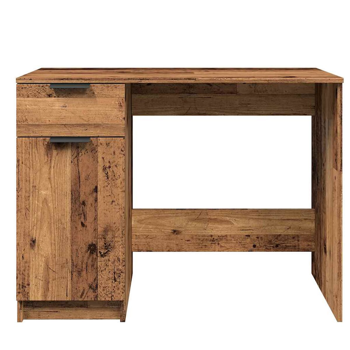 Holzschreibtisch mit Schublade und Schrank, auf weißem Hintergrund.
