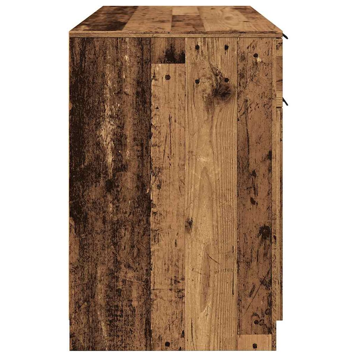 Seitenansicht eines Holzschranks mit verschiedenen Holztönen. Vertikale Bretter. Die Maserung ist sichtbar.