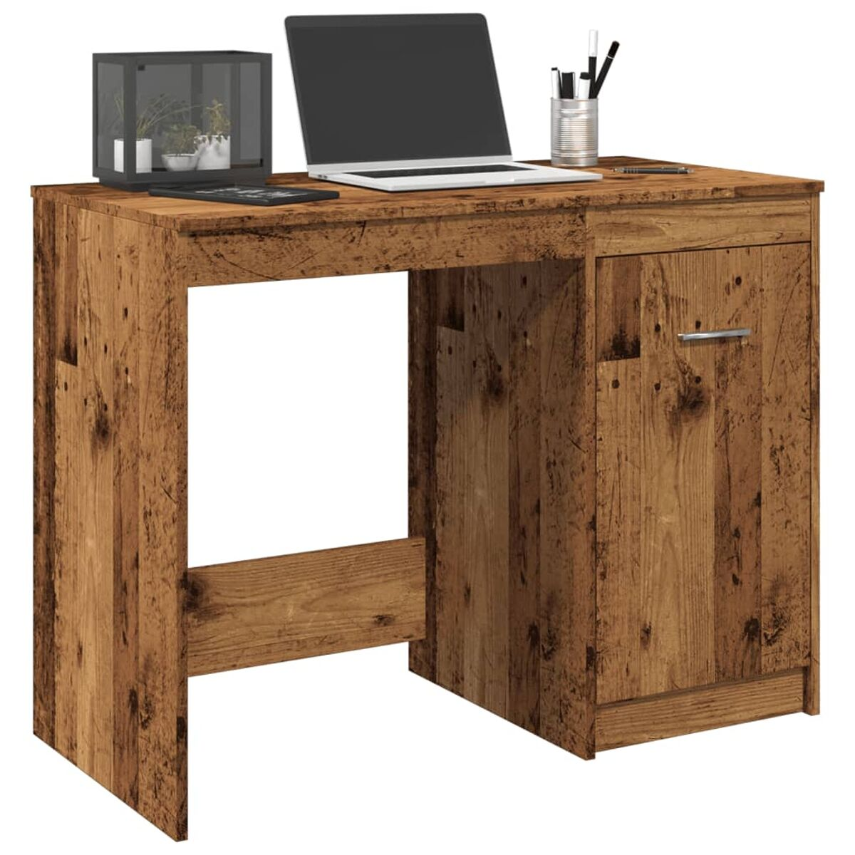 Holzschreibtisch mit Laptop, Stifthalter und kleinem Display-Case oben, Schublade offen.
