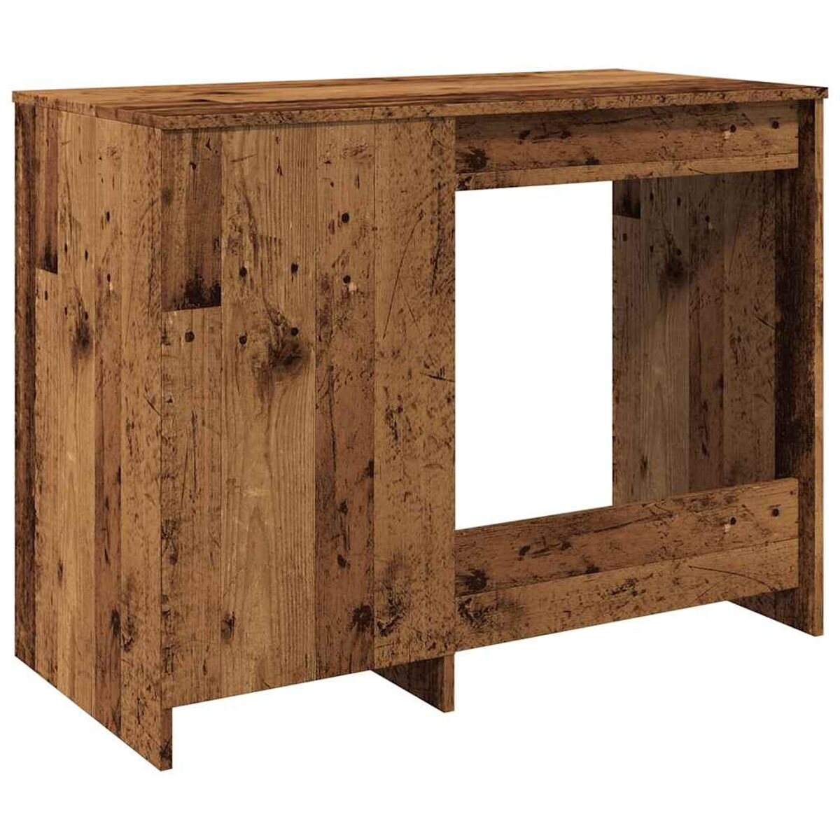 Holzschreibtisch mit Schublade und offenem Fach, Holzmaserung sichtbar.