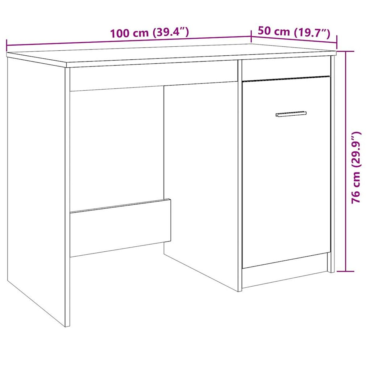 Ein weißer Schreibtisch mit Schrank rechts. Maße in cm und Zoll.