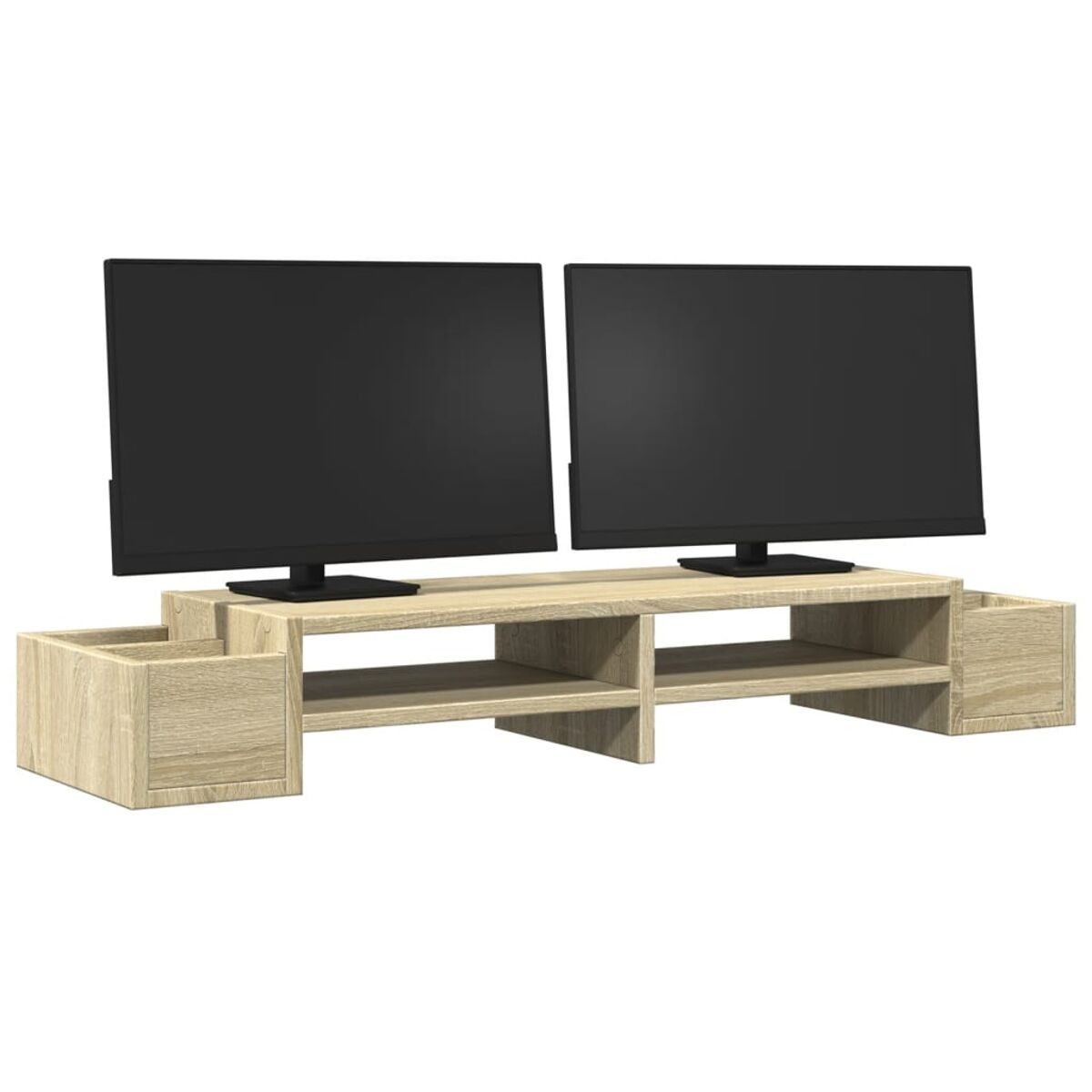 Ein hellfarbiger Holzschreibtisch mit zwei Monitoren. Er hat Staufächer und ein Regal.