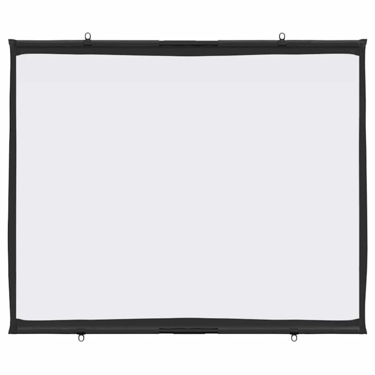 Rechteckige weiße Projektorleinwand mit schwarzem Rand und Aufhängeringen oben.