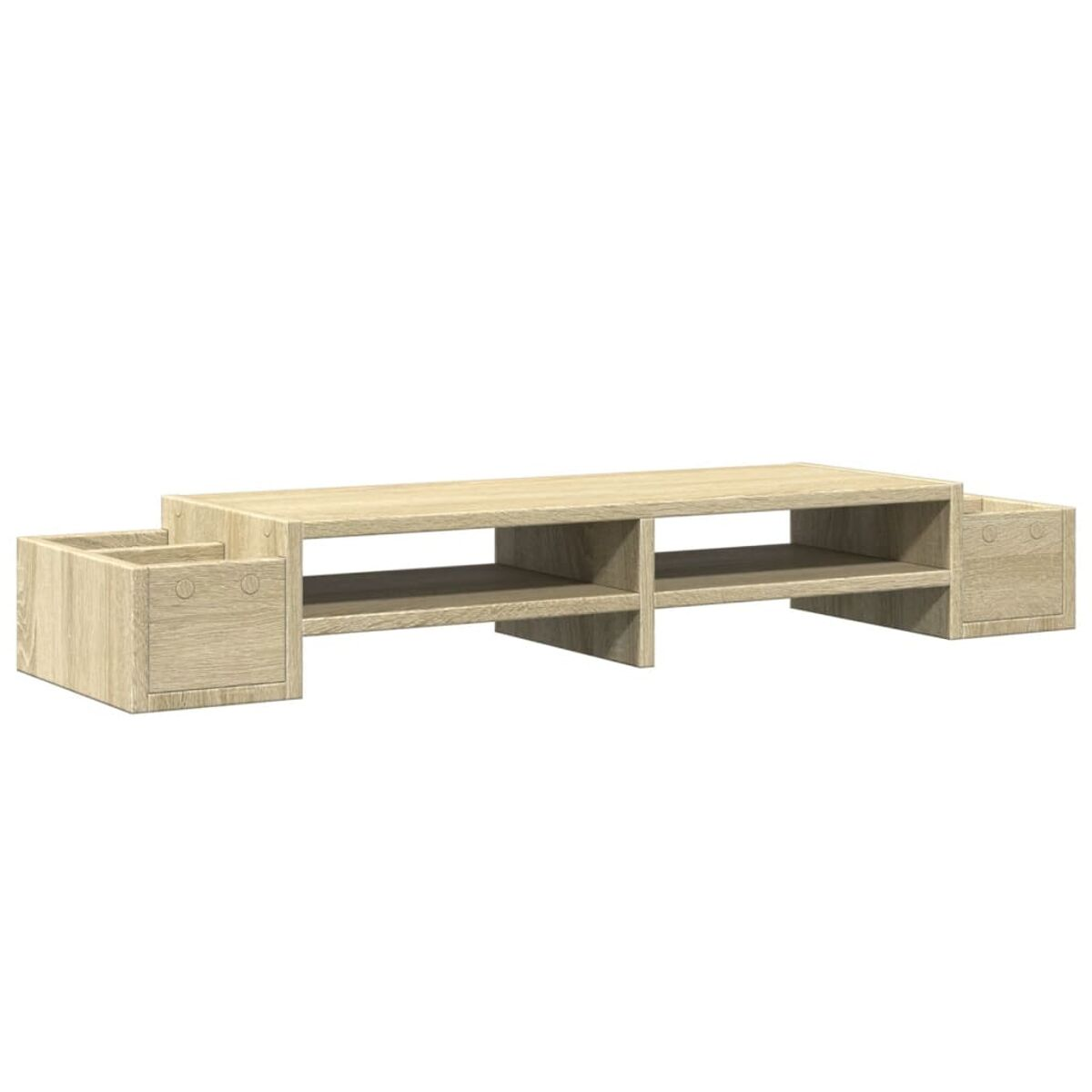 TV-Ständer aus Holz mit zwei seitlichen Staufächern und Regalen. Auf weißem Hintergrund.