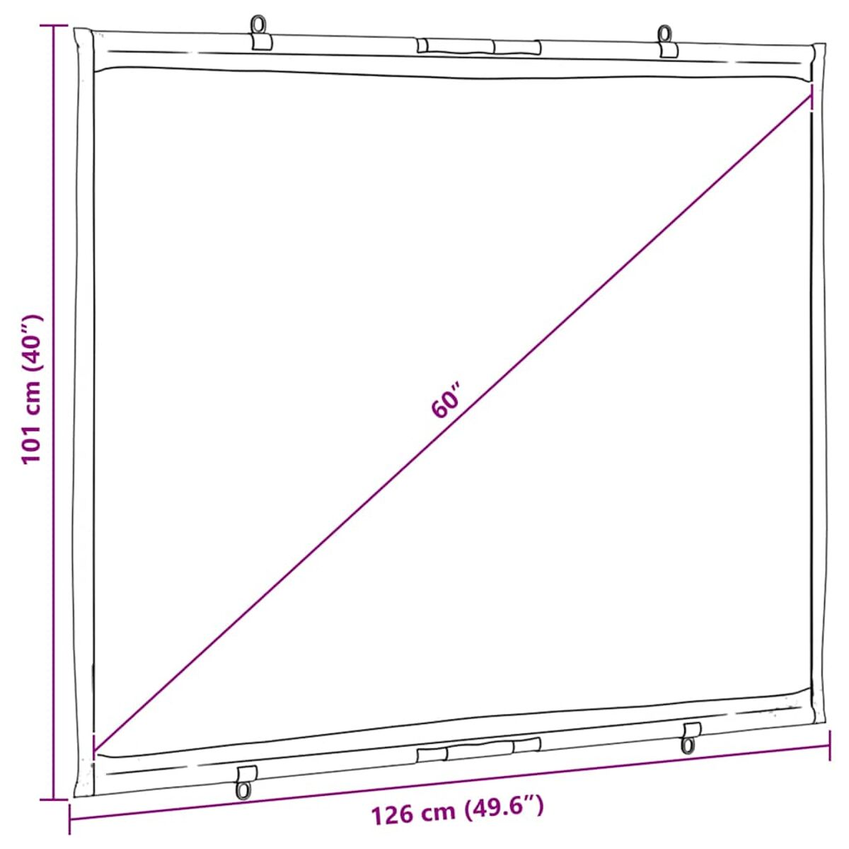 Eine weiße Leinwand mit diagonaler Messung und Abmessungen, vor weißem Hintergrund.