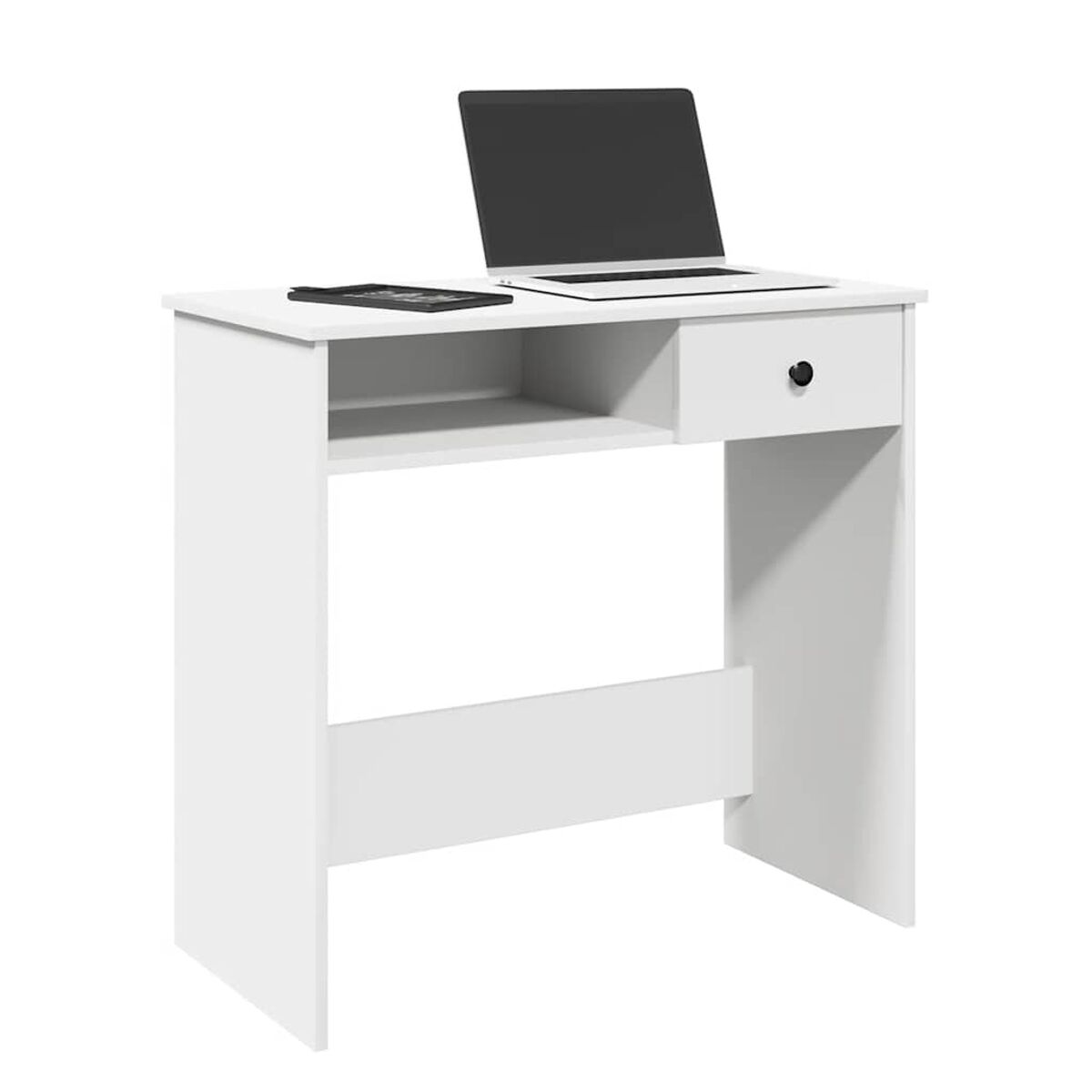 Weißer Schreibtisch mit Laptop, Tablet und Schublade. Beinhaltet ein offenes Regal.