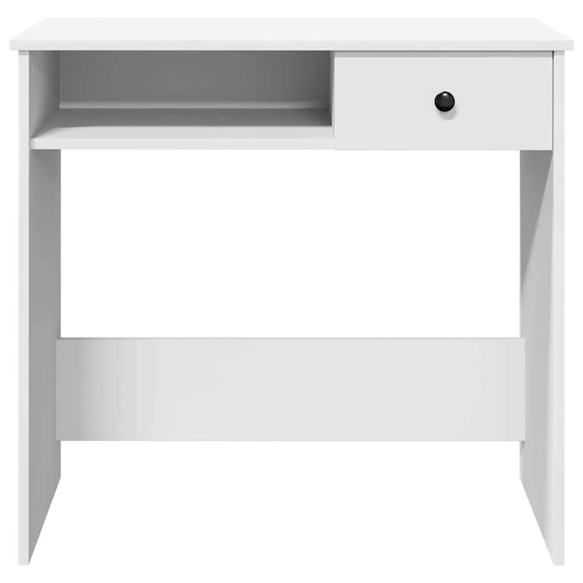 Weißer Schreibtisch mit Schublade, Regal und schwarzem Knopf, vor weißem Hintergrund.