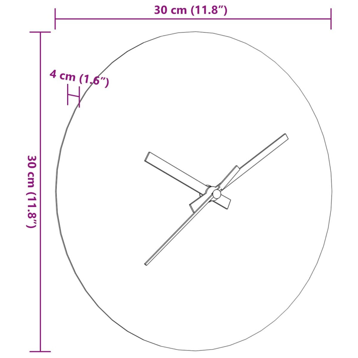 Uhr mit weißem Zifferblatt und schwarzen Zeigern, mit Zentimeter-Maßen.