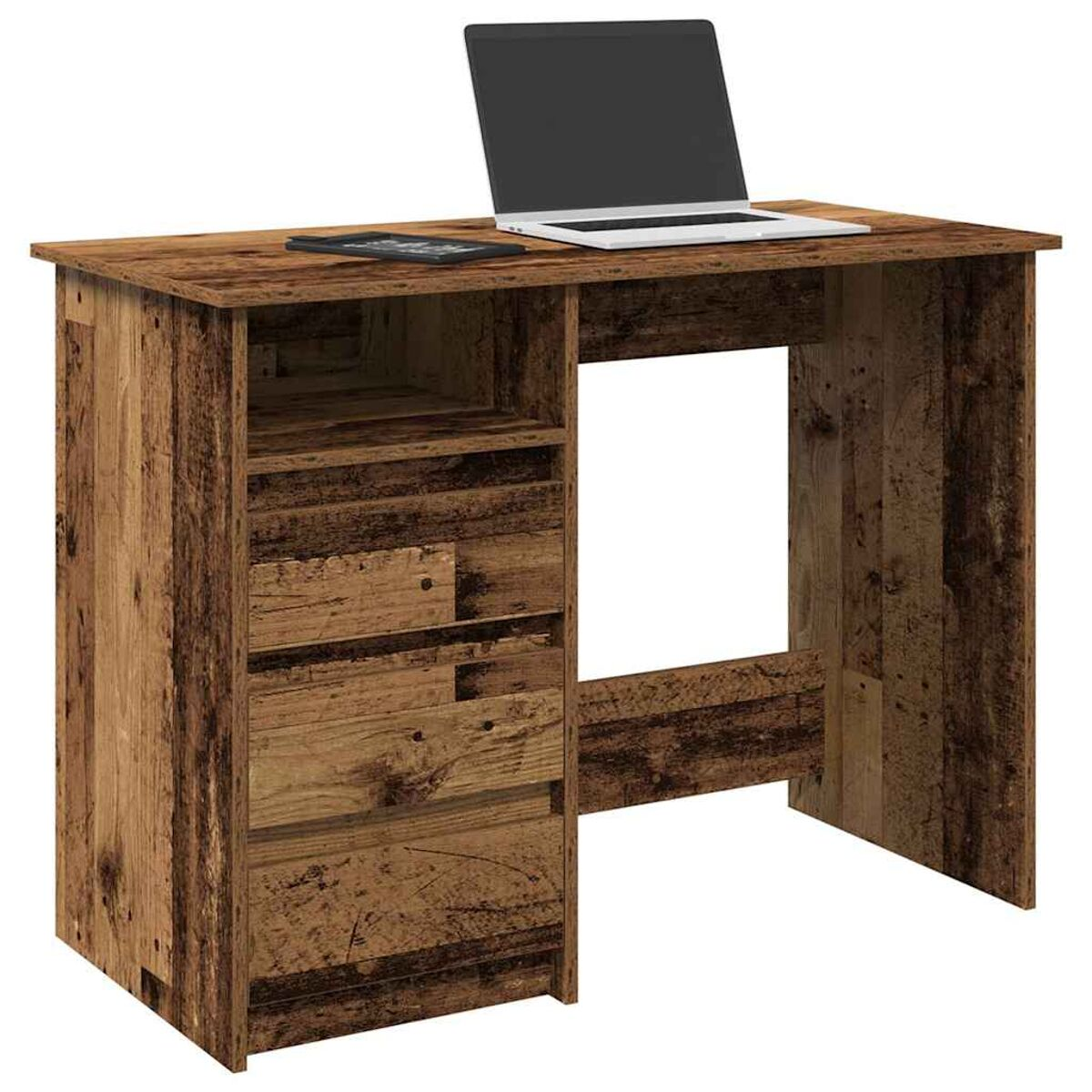 Holzschreibtisch mit Schubladen, einem Laptop und einem Tablet. Rustikales Aussehen.