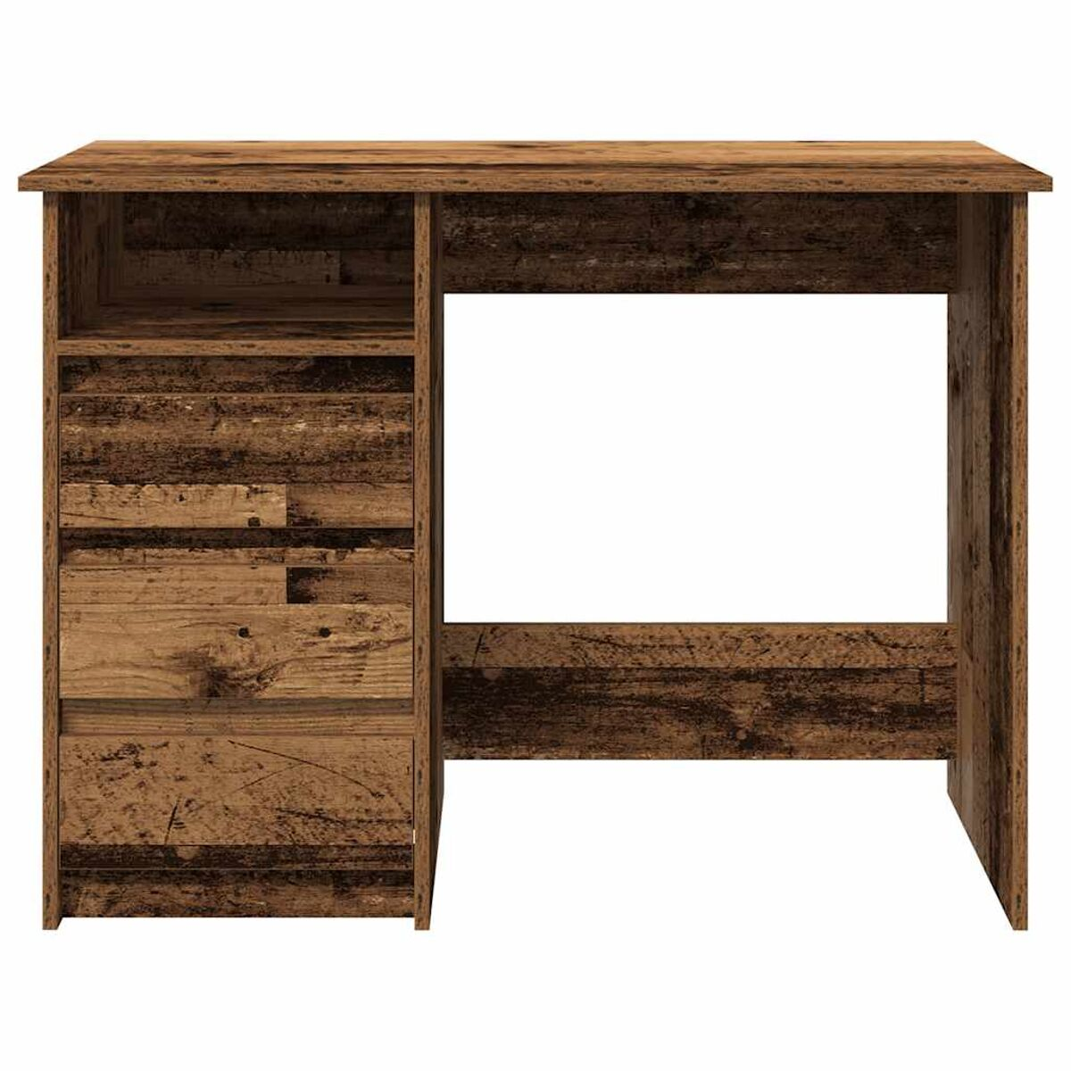 Ein Holzschreibtisch mit Schubladen und einem offenen Regal. Er hat eine rustikale Holzmaserung.