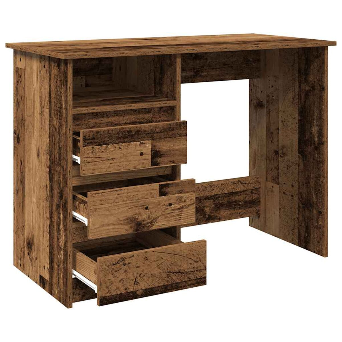 Holzschreibtisch mit Schubladen, Regalen und viel Platz für einen Stuhl.