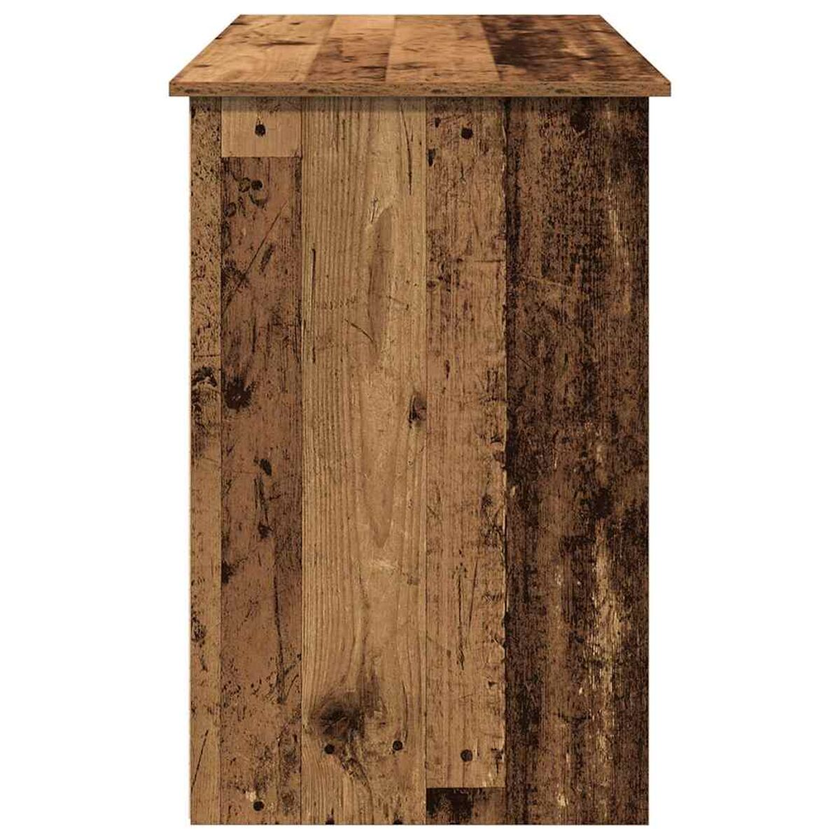 Holzschrank mit vertikalem Holzmaserungsmuster. Das Holz wirkt gealtert, mit verschiedenen Brauntönen.