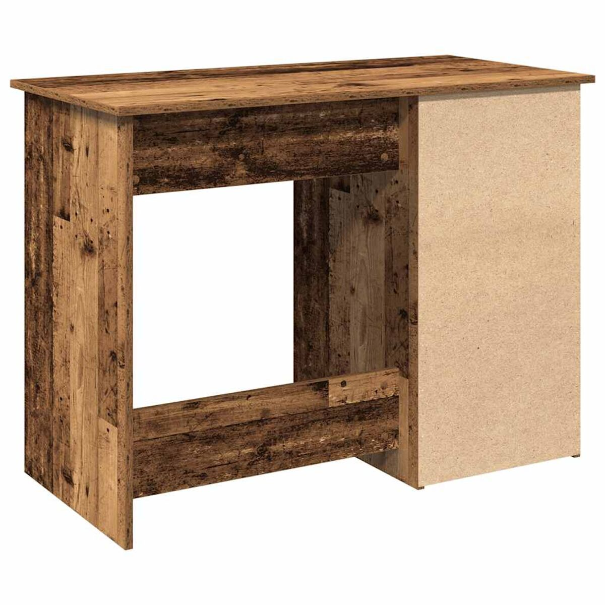 Holzschreibtisch mit rustikalem Design. Es hat eine Seitenwand und einen offenen Raum für Beine oder Stauraum.