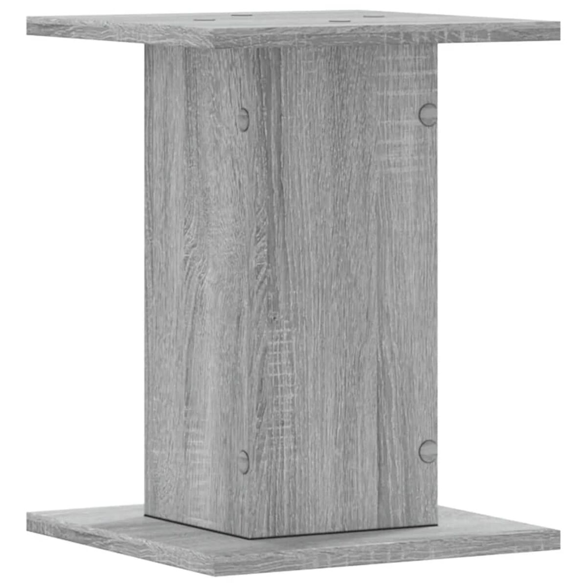 Grauer Holzsockel mit quadratischer Ober- und Unterseite, isoliert auf weißem Hintergrund.