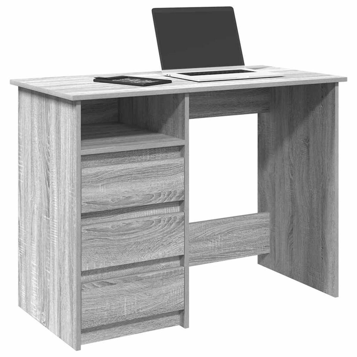 Grauer Holzschreibtisch mit Schubladen und Laptop und Tablet oben drauf.